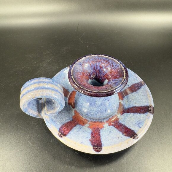 Hand Made Studio Art Pottery Candle Stick Holder Set 2 Multicolor Drop Glaze VTG - Picture 9 of 15